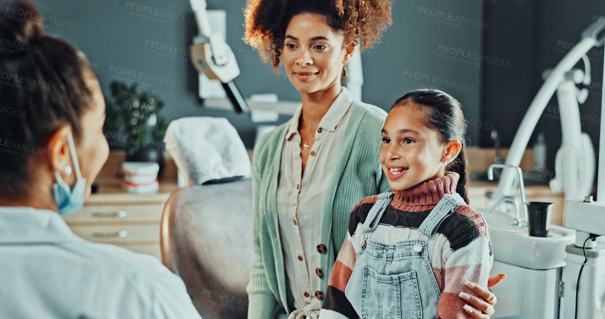 Buy stock photo Teeth, pointing and happy girl with dental hygiene in clinic for oral healthcare or treatment. Child, kid or big smile with gum care or satisfaction for dentist cleaning, exam or appointment on chair