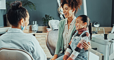 Buy stock photo Dental, mother or kid in clinic with consultation, childcare or parent support for oral health. Wellness, happy mom or girl with dentist, family checkup or youth dentistry in childhood development.