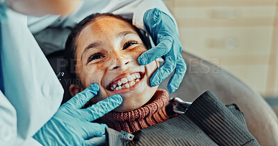 Buy stock photo Dentist, teeth and happy girl with checkup in clinic for dental hygiene, treatment or oral exam. Orthodontist, child or kid with big smile or open mouth for healthcare, gum care or appointment