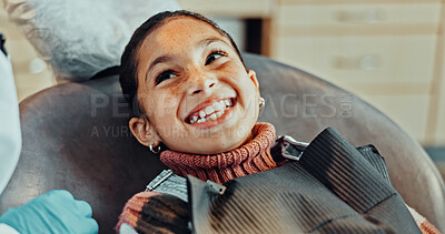 Buy stock photo Dentist, child and checkup at clinic with smile, dental exam and results of teeth whitening. Hands, person and patient with happiness for dentistry, oral hygiene and cleaning mouth for fresh breath