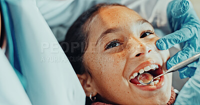 Buy stock photo Hands, dentist and child at clinic with mirror, dental exam and inspection for tooth extraction. Smile, person and kid with tools for dentistry, oral checkup and mouth assessment for teeth whitening