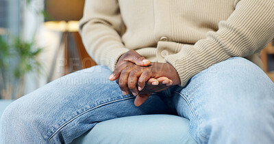 Buy stock photo Mental health, overthinking or hands in home with worry, anxiety trigger or flashback of past mistake. Stress, overwhelmed or man on sofa with memory, regret mindset or tension with emotional thought