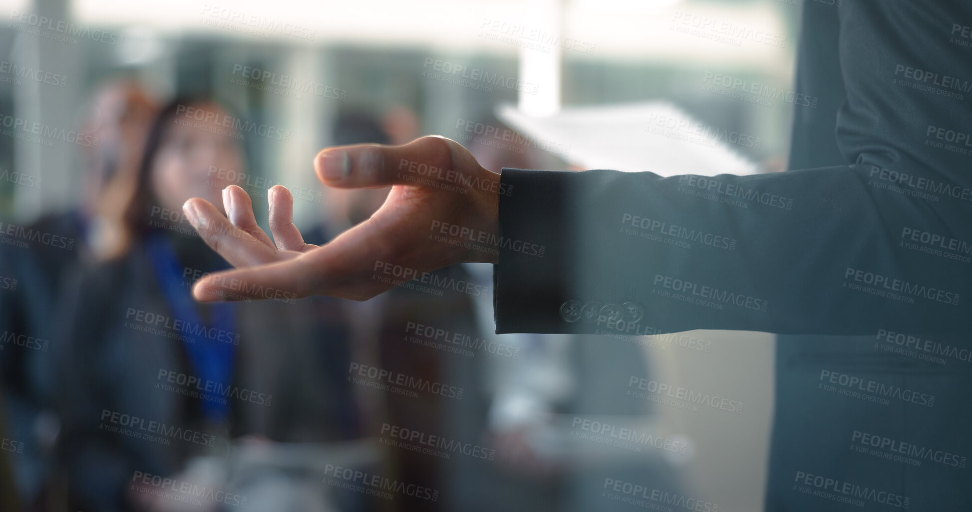 Buy stock photo Hands, speaker or presenting to crowd in seminar for finance expo, knowledge or career development. Workshop, man and keynote address to audience for insight, learning or financial literacy at event
