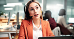 Woman, speaking and customer service in office with laptop, problem solving or answer employee query. Coworking, person and discussion in call center with computer, assistance or guidance for worker.