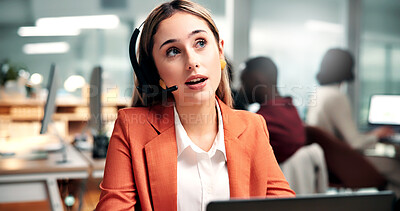 Buy stock photo Woman, speaking and customer service in office with laptop, problem solving or answer employee query. Coworking, person and discussion in call center with computer, assistance or guidance for worker.
