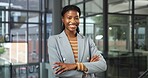 Happy, business and portrait of black woman for project management, career and digital marketing. Creative, smile and person with crossed arms for brand consultant, ambition and advertising agency