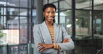 Buy stock photo Happy, business and portrait of black woman for project management, career and brand consultant. Creative, smile and person with crossed arms for job opportunity, ambition and advertising agency