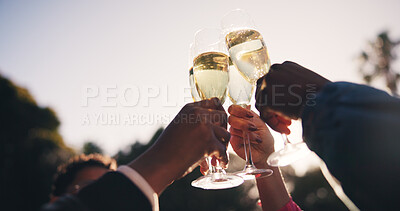Buy stock photo People, hands and cheers with champagne glasses for outdoor event, celebration or reunion. Group, community or friends with toast or alcohol for new year party or social gathering together in nature