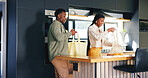 Unpacking, groceries and couple with smile in kitchen, black man or woman with healthy food in home. Happy people, bonding and shopping bags with fruit, love and relationship commitment in house