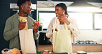 Unpacking, grocery and couple with apples in kitchen, black man and woman with healthy food in home. Happy people, bonding and shopping bags with fruit, love and relationship commitment in house