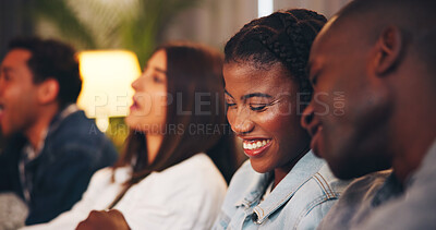 Buy stock photo Laugh, home and watching tv with couple of friends, sports tournament or bonding with happiness. People, smile and relax at gathering together in house, streaming game and funny joke on weekend