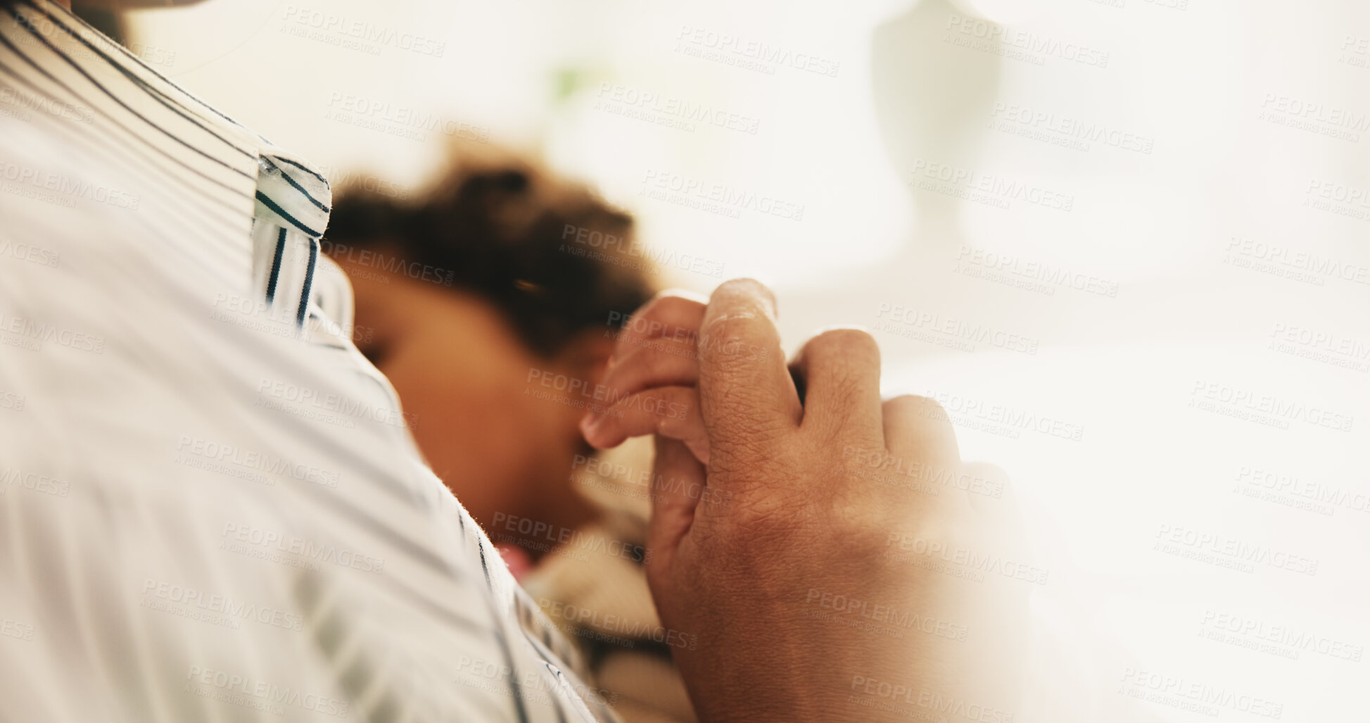 Buy stock photo Person, holding hands and sleeping at house with baby, love and support for nurturing. Space, infant and nap in home with parental affection, emotional bonding and gentle touch for family connection