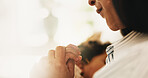Mother, holding hands and baby at house with love, care and parental support for maternal nurturing. Space, woman and infant in home with affection, emotional bonding and gentle touch for connection