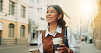 Happy, thinking and businesswoman with coffee in city with reflection or choice on finance career. Smile, cappuccino and financial manager commuting in urban town with planning for job opportunity.