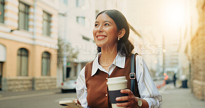 Buy stock photo Phone, thinking and businesswoman with coffee in city with reflection or choice on finance career. Smile, warm beverage and financial manager commuting in urban town with cellphone for opportunity.