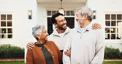 Buy stock photo Happy man, embrace and senior parents at new home, real estate or smile for homeownership milestone. Family, outdoor and bonding with old people at house, love and laughing with property investment