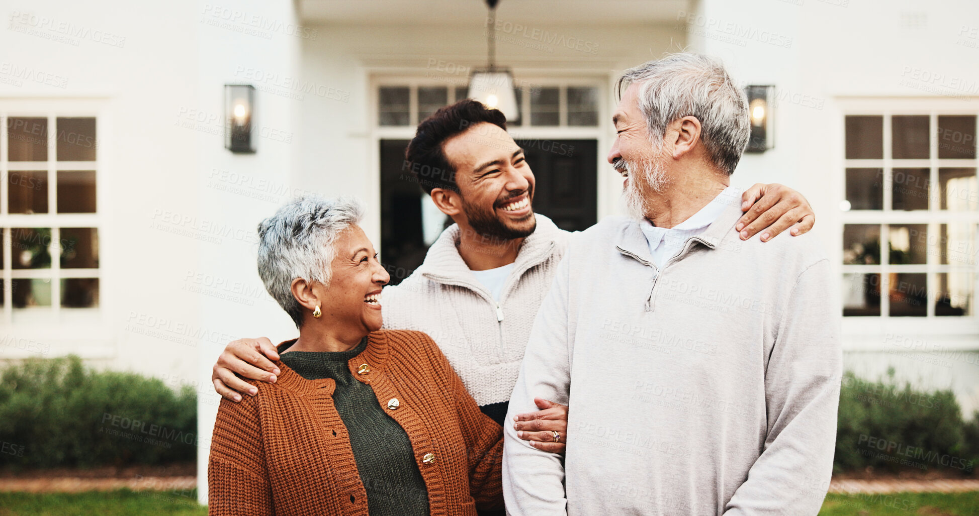 Buy stock photo Happy man, embrace and senior parents at new home, real estate or smile for homeownership milestone. Family, outdoor and bonding with old people at house, love and laughing with property investment