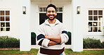Outdoor, real estate and happy man with confidence for new home, property ownership and investment. Portrait, smile and person at front yard of dream house, arms crossed and mortgage with landlord