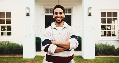Buy stock photo Outdoor, real estate and happy man with confidence for new home, property ownership and investment. Portrait, smile and person at front yard of dream house, arms crossed and mortgage with landlord