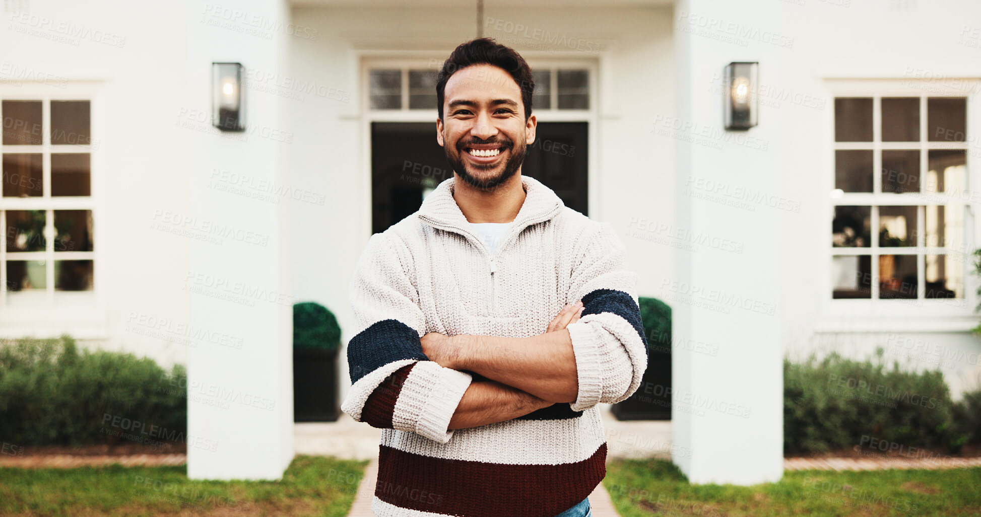 Buy stock photo Outdoor, real estate and happy man with confidence for new home, property ownership and investment. Portrait, smile and person at front yard of dream house, arms crossed and mortgage with landlord