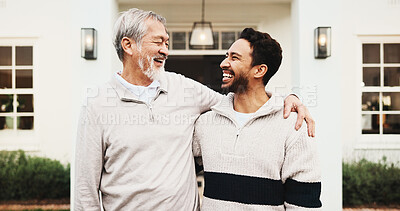 Buy stock photo Happy men, hug or senior father at new home, real estate or laughing with homeownership milestone. Asian family, outdoor or bonding with old person at house, embrace and smile for property investment