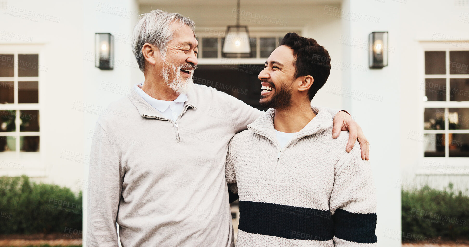 Buy stock photo Happy men, hug or senior father at new home, real estate or laughing with homeownership milestone. Asian family, outdoor or bonding with old person at house, embrace and smile for property investment