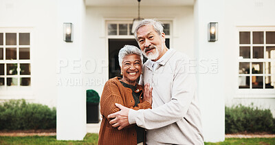 Buy stock photo Portrait, outdoor and mature couple by new home, property purchase and dream house for real estate. Marriage, happy and people hug in yard for mortgage, residential investment or moving in retirement
