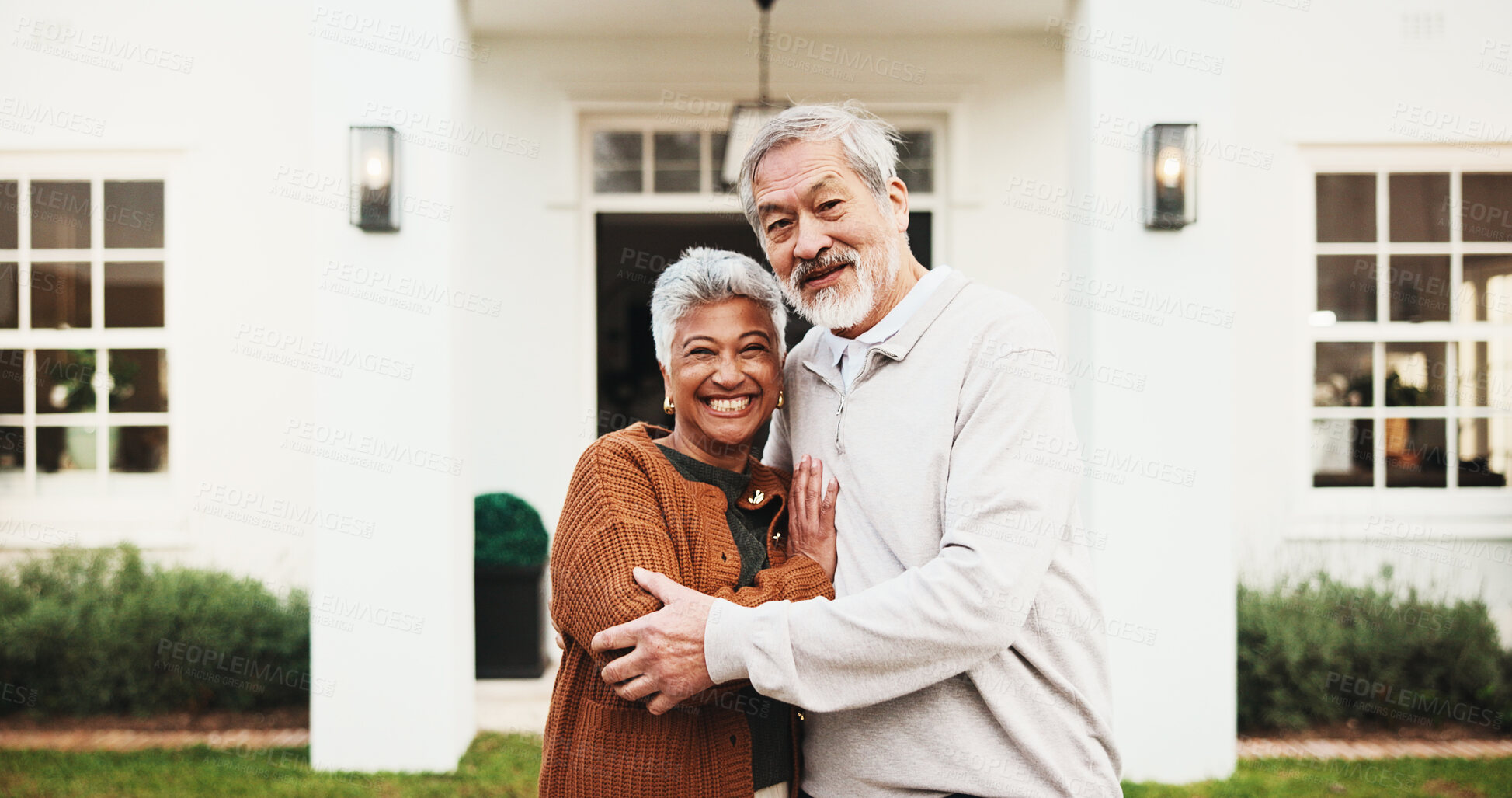 Buy stock photo Portrait, outdoor and mature couple by new home, property purchase and dream house for real estate. Marriage, happy and people hug in yard for mortgage, residential investment or moving in retirement