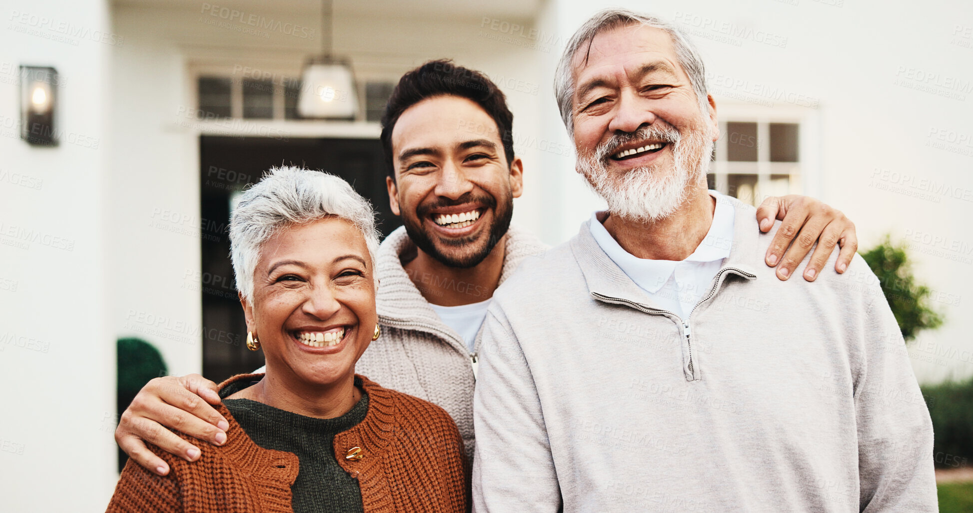 Buy stock photo Happy man, portrait and senior parents at new home, real estate or smile for homeownership milestone. Family, outdoor and bonding with old people at house, love and laugh with property investment