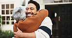 Happy man, hug and senior mother at new home, real estate or celebration for homeownership milestone. Family, outdoor and old person with son at house, embrace and laughing with property investment