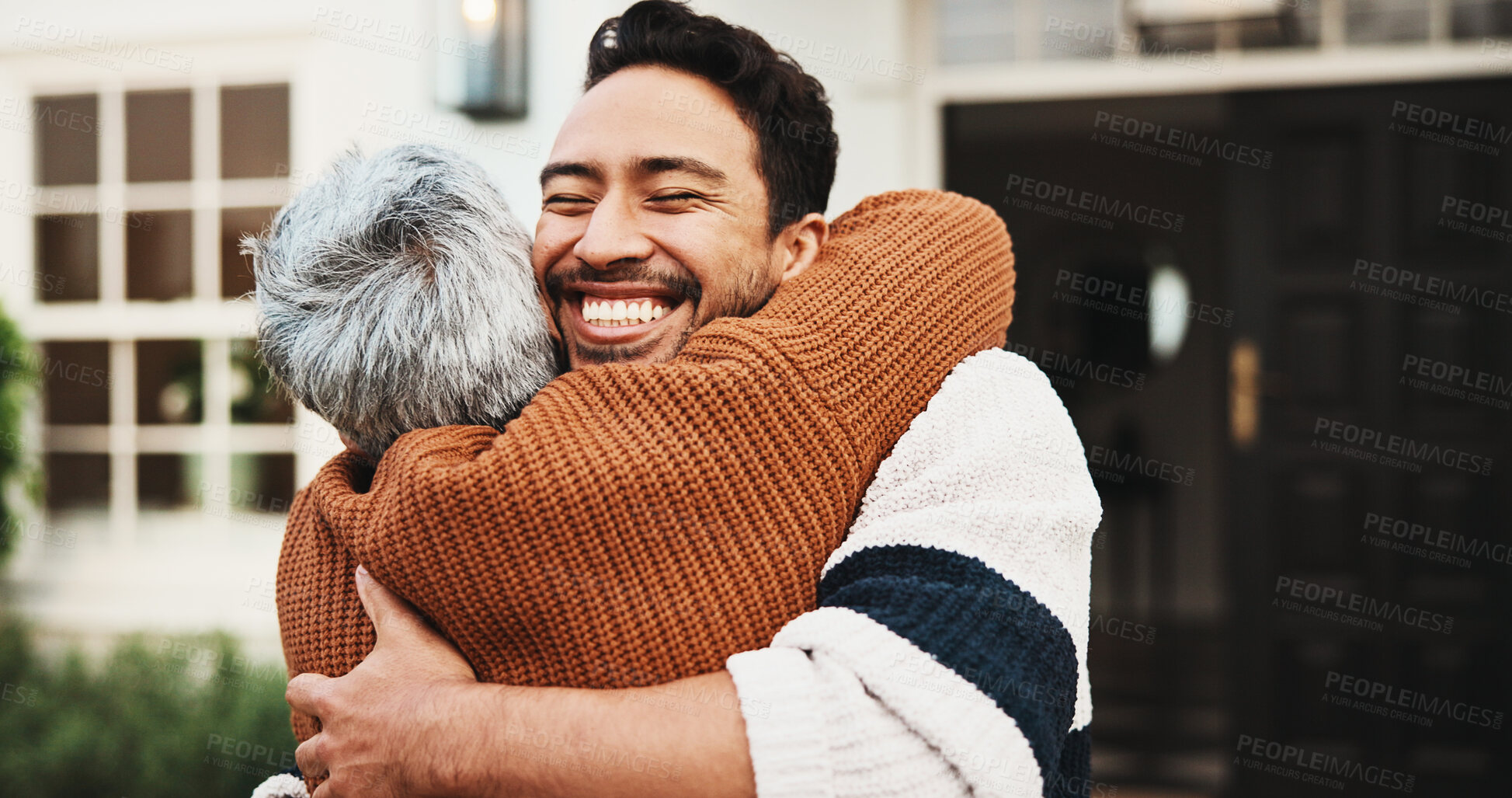 Buy stock photo Happy man, hug and senior mother at new home, real estate or celebration for homeownership milestone. Family, outdoor and old person with son at house, embrace and laughing with property investment