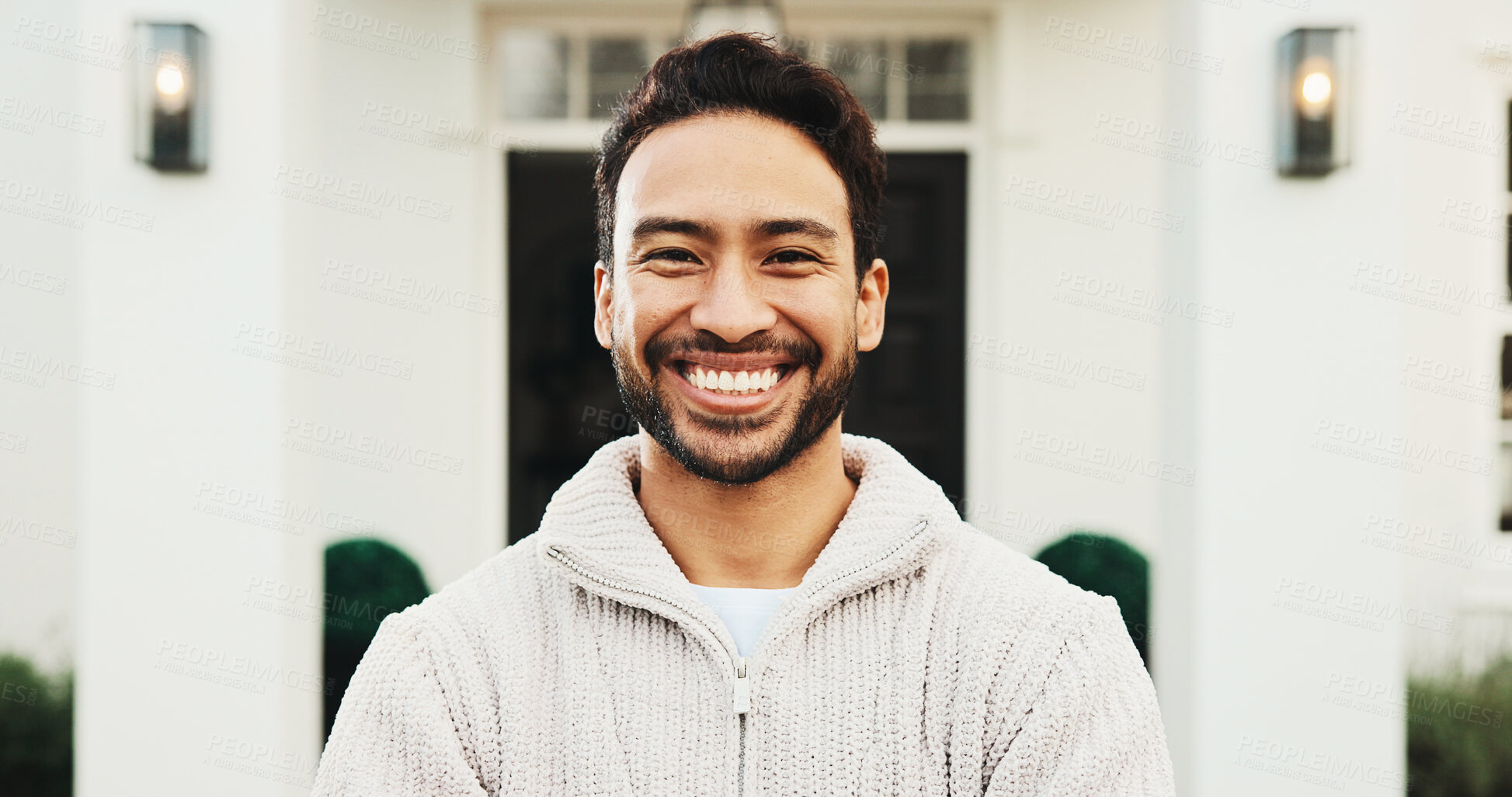 Buy stock photo Outdoor, real estate and happy man with portrait by new home, property ownership and investment. Moving, smile and person at front yard of dream house with loan, relocation mortgage and residence