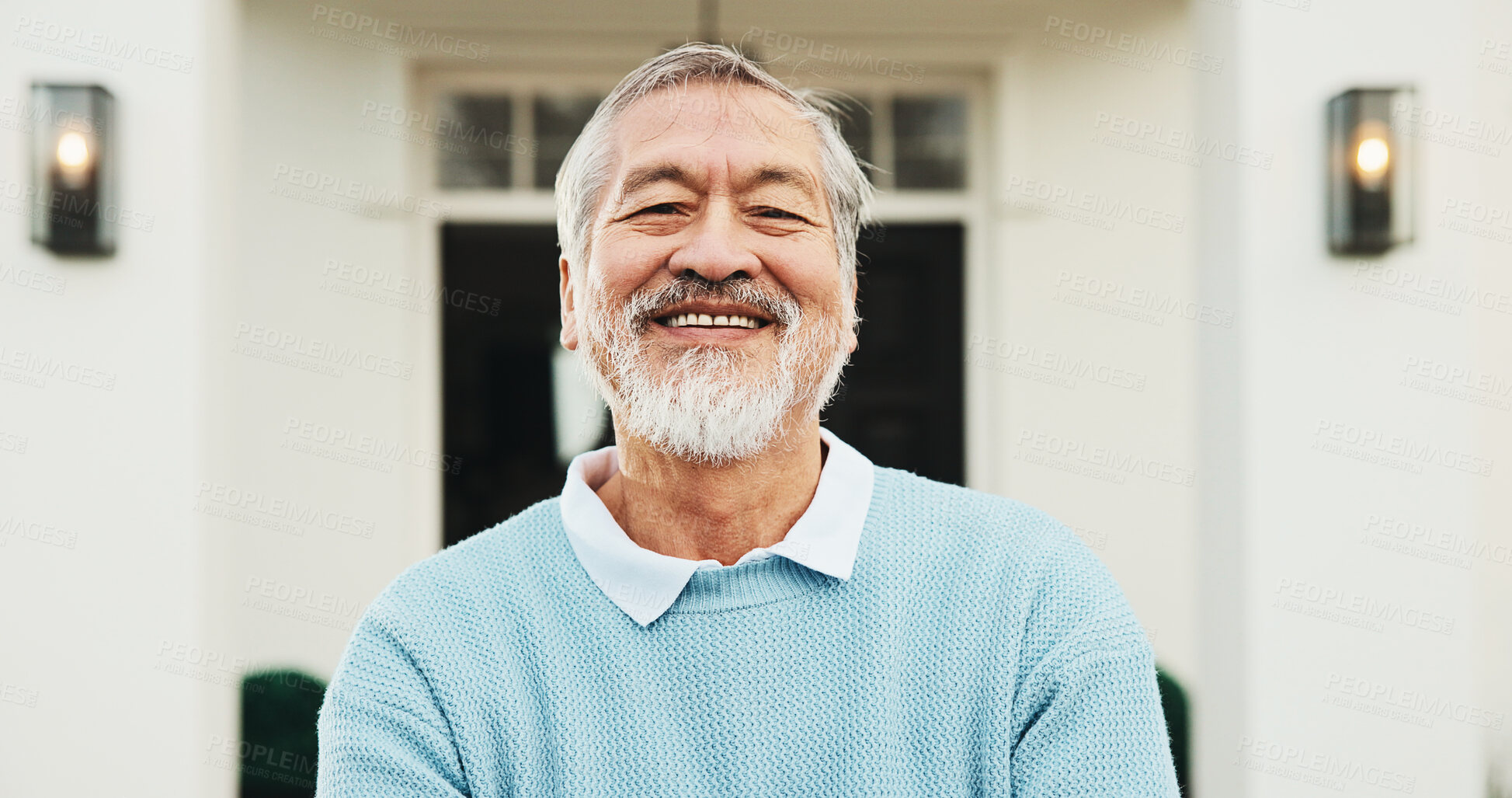 Buy stock photo Portrait, outdoor and senior man by new home, property purchase and dream house in retirement. Happy, confident and Asian person in neighborhood for mortgage approval, homeowner pride and real estate