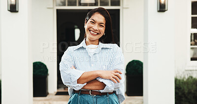 Buy stock photo Outdoor, new home and happy woman with confidence for real estate, property ownership and investment. Portrait, smile and mature person at front yard of dream house, arms crossed and landlord