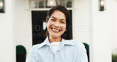 Buy stock photo Outdoor, real estate and happy woman with portrait by new home, property ownership and investment. Moving, smile and person at front yard of dream house with loan, relocation mortgage and residence