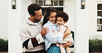 Happy, outdoor and parents with child by new home for property purchase, residence and bonding. Smile, love and front yard with mom, dad and girl for family relocation, moving and house mortgage