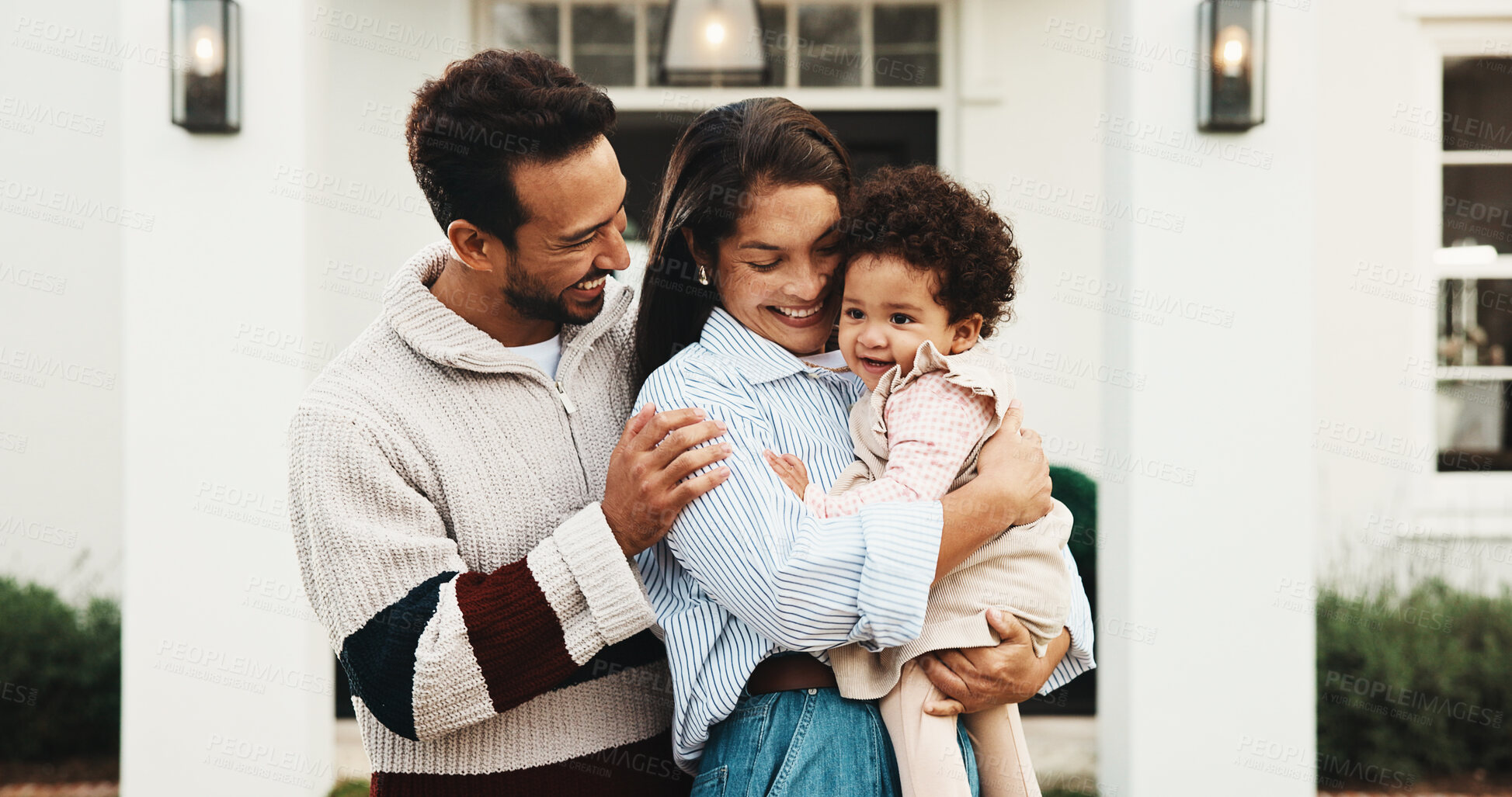 Buy stock photo Happy, outdoor and parents with child by new home for property purchase, residence and bonding. Smile, love and front yard with mom, dad and girl for family relocation, moving and house mortgage