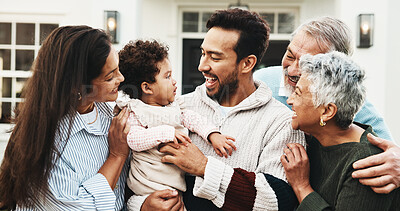 Buy stock photo Happy, grandparents and parents with child by new home for property purchase, residence and bonding. Generations, love and front yard with mom, dad and kid for family relocation, moving and house