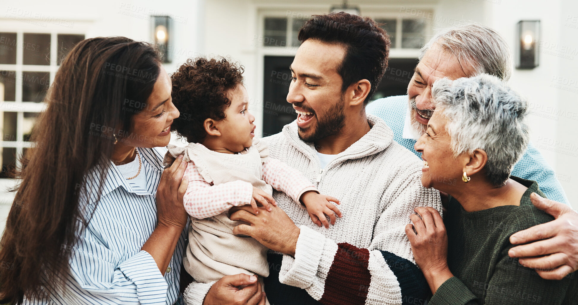 Buy stock photo Happy, grandparents and parents with child by new home for property purchase, residence and bonding. Generations, love and front yard with mom, dad and kid for family relocation, moving and house