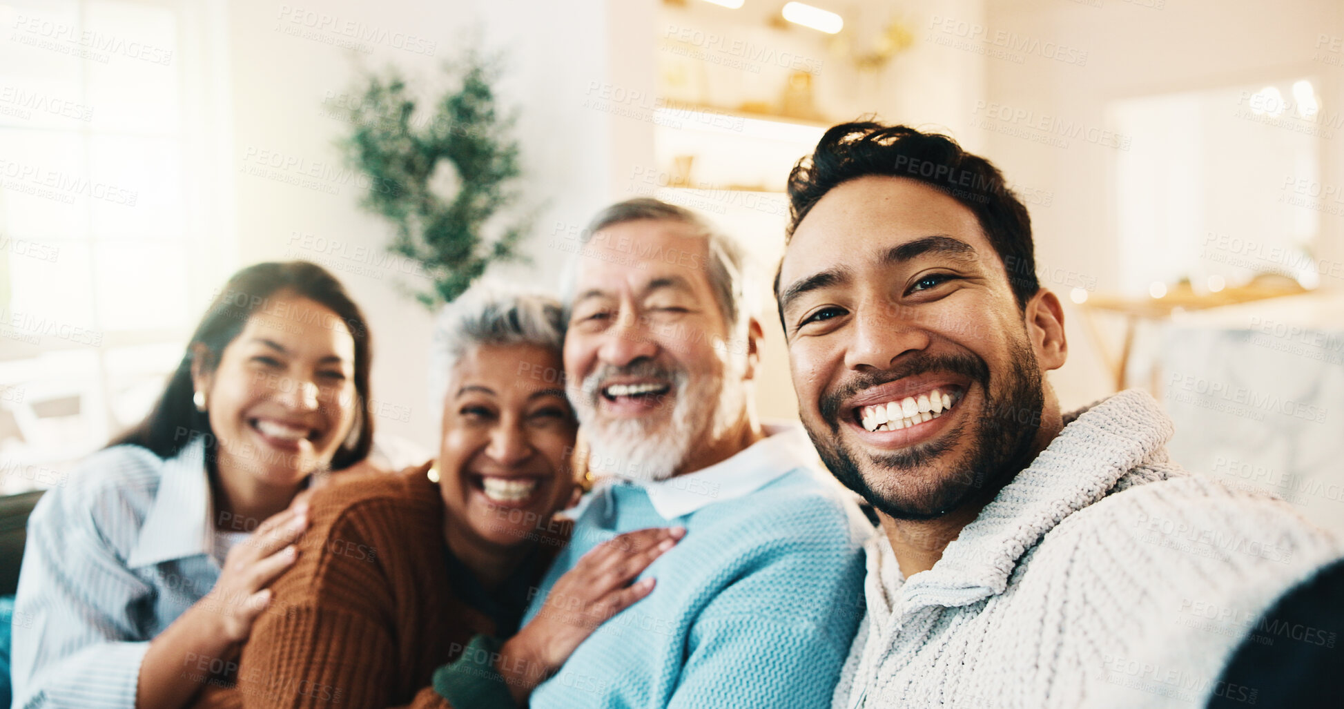 Buy stock photo Portrait, selfie and people with senior parents on sofa for bonding with memory, picture and post. Happy, home and pov of elderly mom, dad and family for social media, connection and photo on weekend