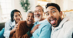 Portrait, selfie and people with senior parents on sofa for bonding with memory, funny face and post. Happy, home and pov of elderly mom, dad and family for social media, silly photo and weekend