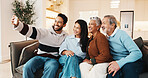 Happy, selfie and people with old parents on sofa for bonding with memory, picture and post. Smile, home and photo of senior mom, dad and family for social media, connection and moment on weekend