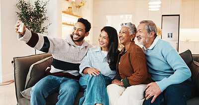 Buy stock photo Happy, selfie and people with old parents on sofa for bonding with memory, picture and post. Smile, home and photo of senior mom, dad and family for social media, connection and moment on weekend