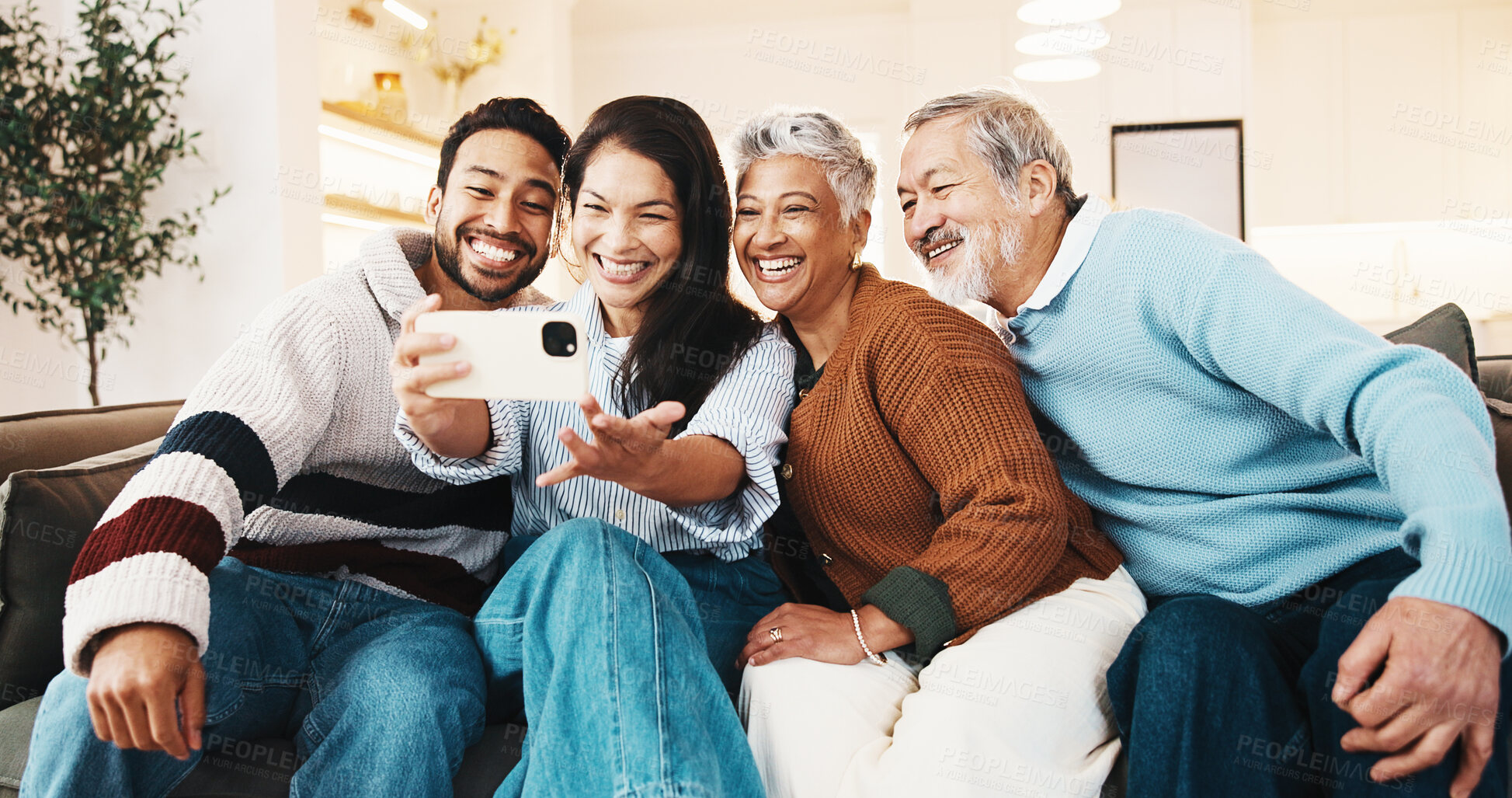 Buy stock photo Smile, selfie and people with senior parents for bonding with memory, profile picture and post. Happy, home and photo of elderly mom, dad and family for social media, connection and moment on weekend