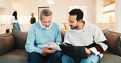 Buy stock photo Old father, relax and family in home with tablet, research and assistance for online banking. Advice, senior man and adult son at house with tech, household expenses or helping for retirement savings