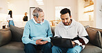 Old father, relax and family at house with laptop, research and assistance for online banking. Smile, senior man and adult son in home with tech, household expenses and helping for retirement savings