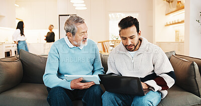 Buy stock photo Old father, relax and family at house with laptop, research and assistance for online banking. Smile, senior man and adult son in home with tech, household expenses and helping for retirement savings