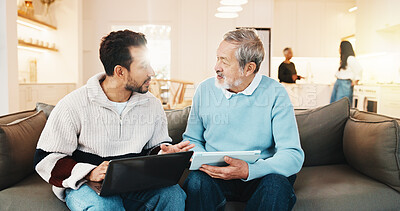 Buy stock photo Old father, talk and family at house with laptop, research and assistance for online banking. Senior man, relax and adult son in home with tech, household expenses and helping for retirement savings