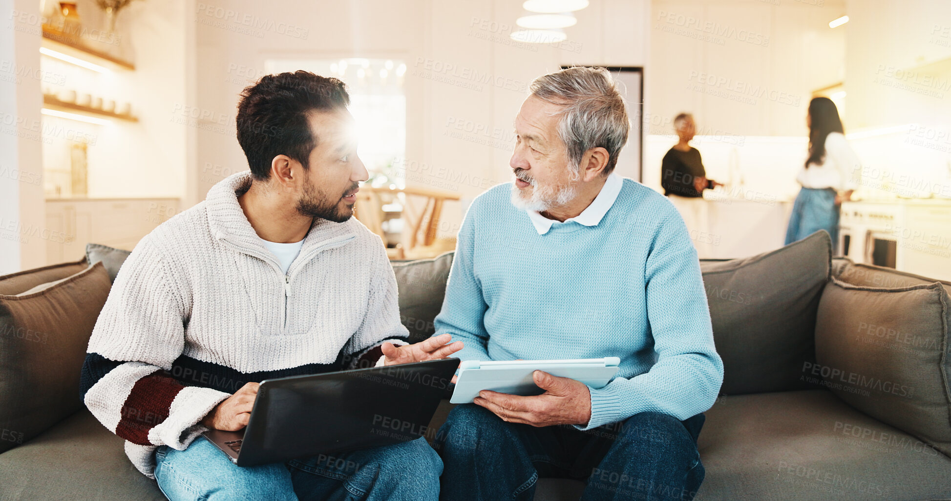 Buy stock photo Old father, talk and family at house with laptop, research and assistance for online banking. Senior man, relax and adult son in home with tech, household expenses and helping for retirement savings