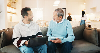 Buy stock photo Smile, old father and family at house with laptop, research and assistance for online banking. Happy, senior man and adult son in home with tech, household expenses and helping for retirement savings